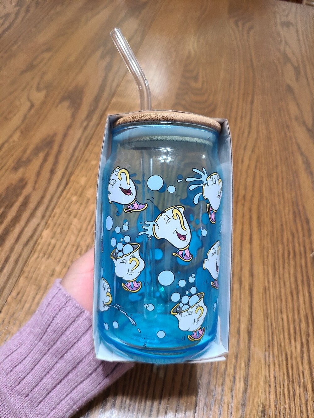 Disney Beauty and the Beast Chip Potts Chip Teacup Blue Glass Tumbler Lid Straw
